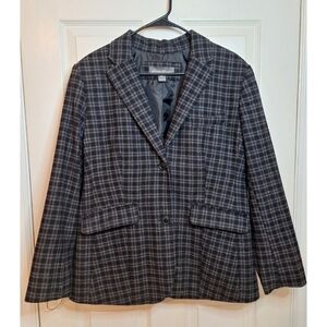 Eddie Bauer Black Grey Plaid Wool Blend Blazer Jacket Academia Size Petite 16